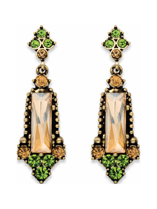 Baguette-Cut Champagne and round Green Faceted Crystal Vintage-Style Drop Earrings in Antiqued Goldtone 2"