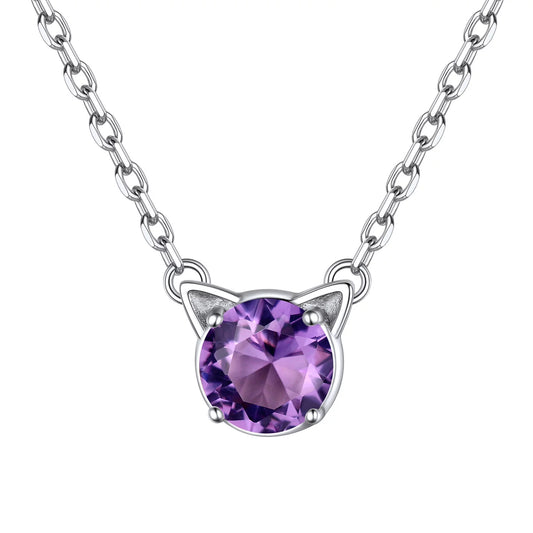 925 Sterling Silver Cat Necklace Girls Cute Cat Jewelry round Amethyst Pendant Necklace February Birthstone for Cat Lovers